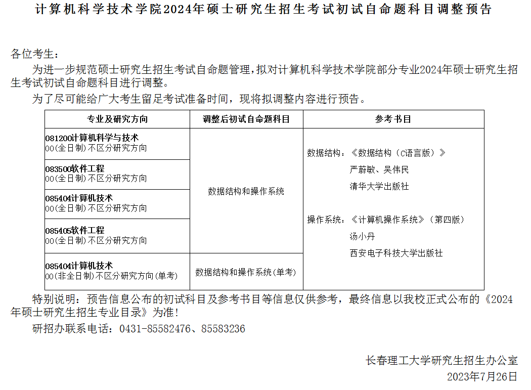 長(cháng)春理工大學(xué)計算機科學(xué)技術(shù)學(xué)院2024年碩士研究生招生考試初試自命題科目調整預告