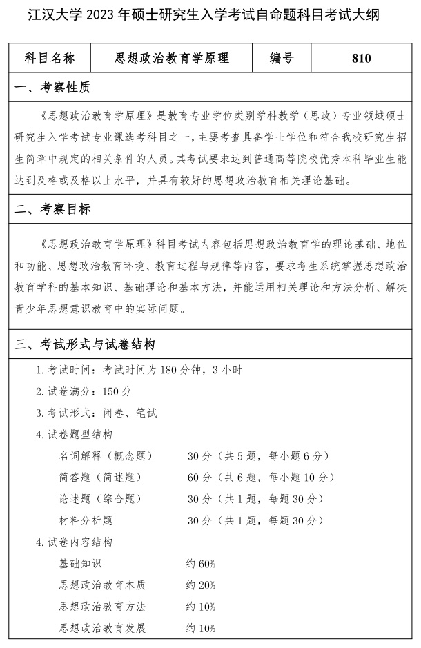 江漢大學(xué)研究生考試大綱 考研自命題科目考試大綱