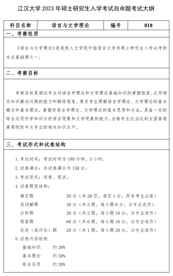 江漢大學(xué)研究生考試大綱 語(yǔ)言與文學(xué)理論考試大綱