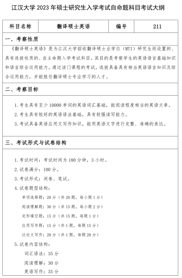 江漢大學(xué)研究生考試大綱 翻譯碩士英語(yǔ)考試大綱